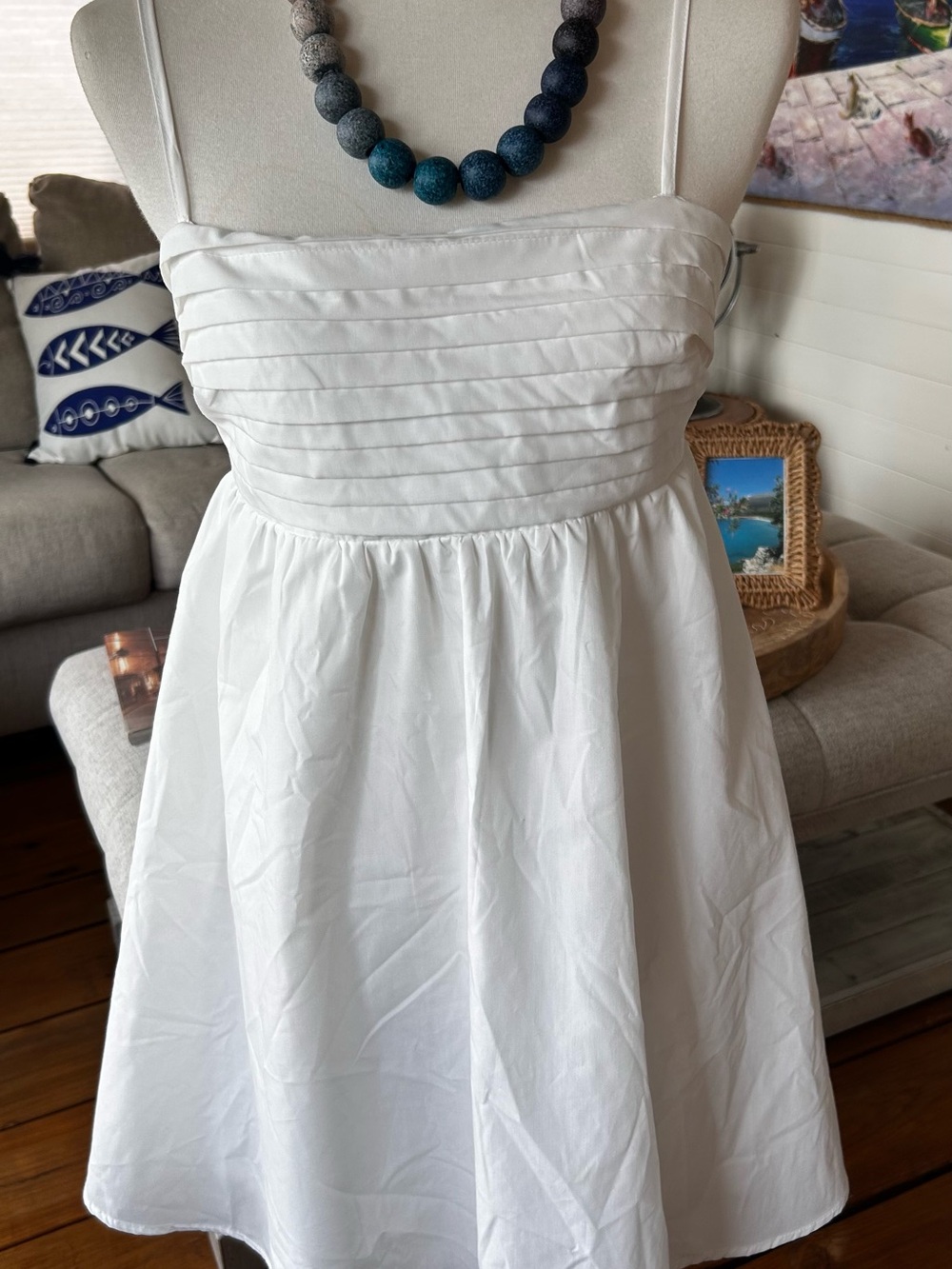 She + Sky White Tie Back Babydoll Mini Dress Pleated Bust Size L